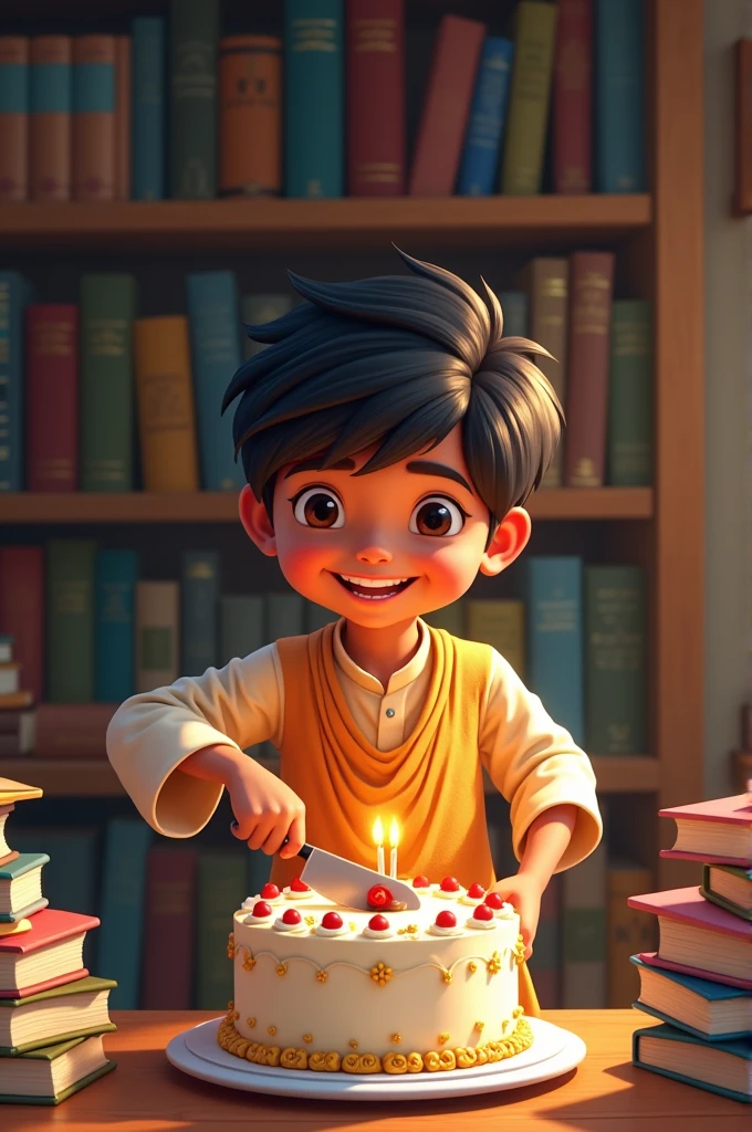 create an image of bengali boy cutting cake and surrounded by lots of books
