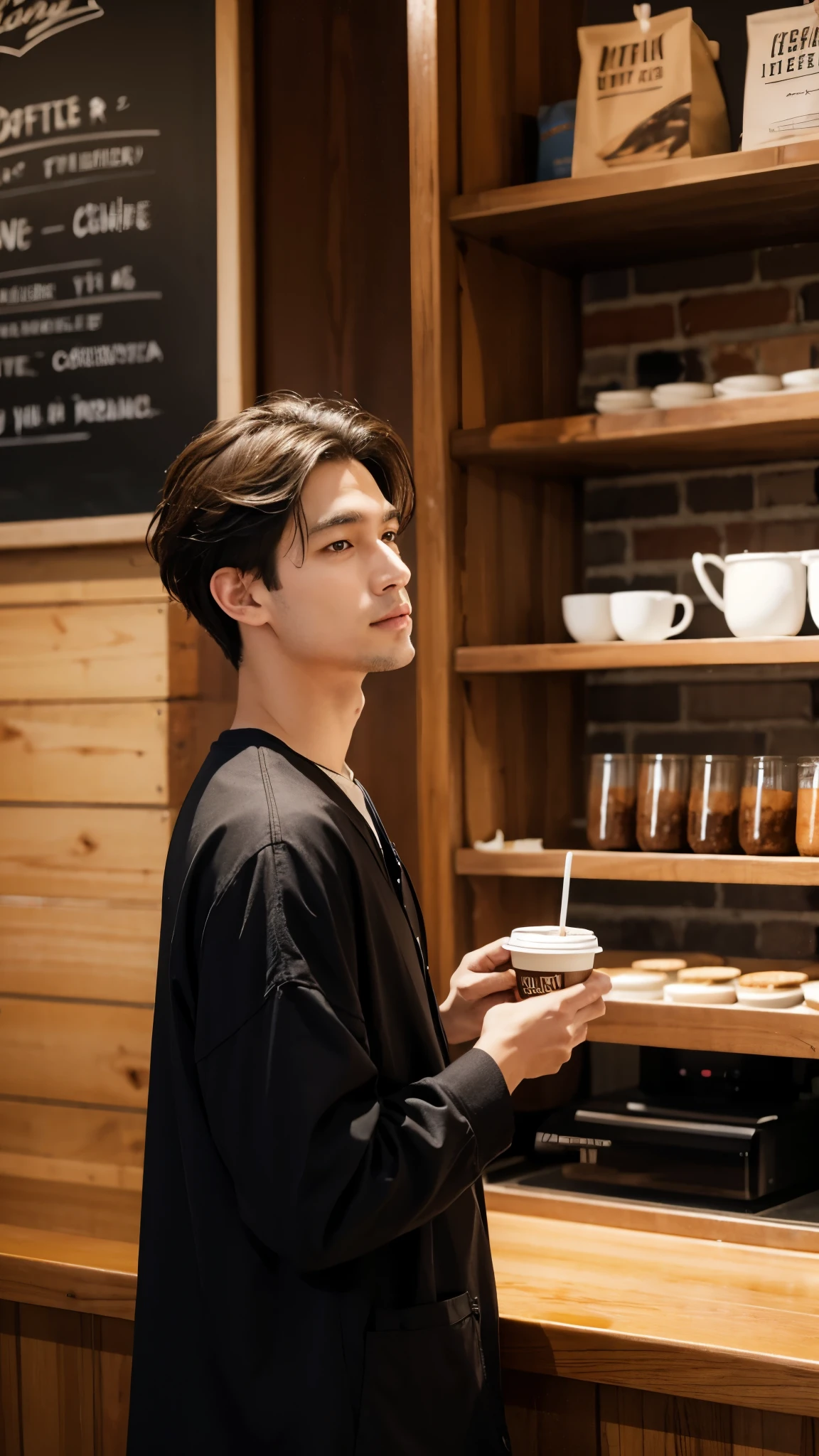 show me A guy waiting in the line of A coffee shop