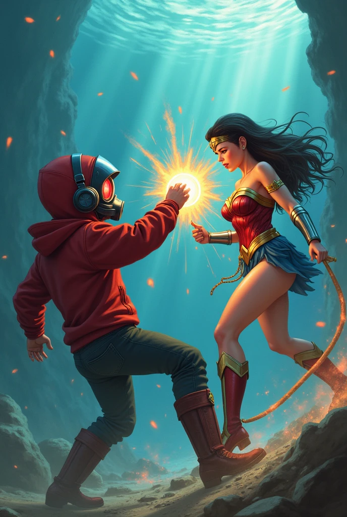 ??? Star-Lord with red hoodie, Rocket boots, headphones, star-lord helmet, gas helmet, Covered mouth, Round & red eyes + Wonder woman, big breasts, perfect body, Busty, ocean floor, realistic, power, Kick, Attack, magic rings in the hands, Fighting, power, fiction, full body, 2 persons, magic lasso, hight, fall, fire in boots, powerful spells, realistic, mask, float, war, kill, dead, ocean, full scene