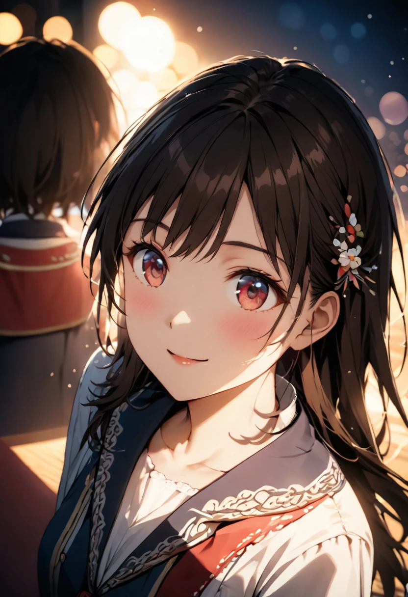 {{Highest quality}},Delicate illustration,Detailed depiction, masterpiece, Boho Eye Hinai Girl, Playful Themes, {{{{{Group of 2}}}}}、{{{Two girls}}}、High school girls、Raw photo of a girl in uniform。Decorative details and symbols are often used。, Brown hair gently fluttering in the wind,Clear blue eyes、A gentle smile、Raw photo of a girl in uniform。Decorative details and symbols are often used。, Black hair gently fluttering in the wind,Clear red eyes、A gentle smile、 Long-distance shots, High Key Light, Hard Shadows, Soft bokeh, Professional photography, A balanced deal, Balanced Exposure,