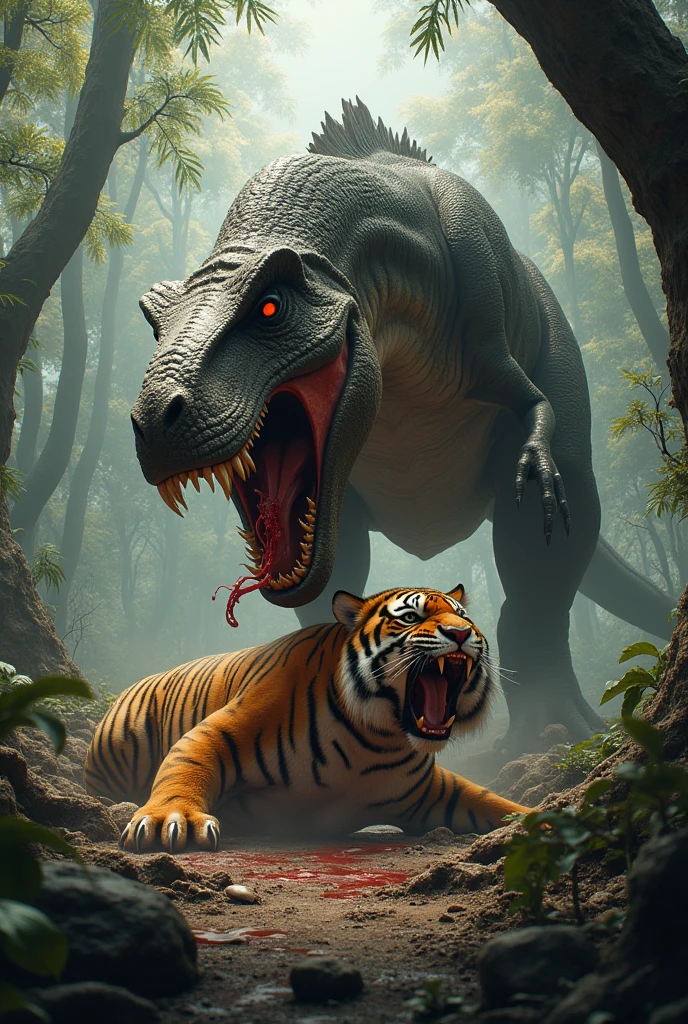 An dinosaur eating a tiger