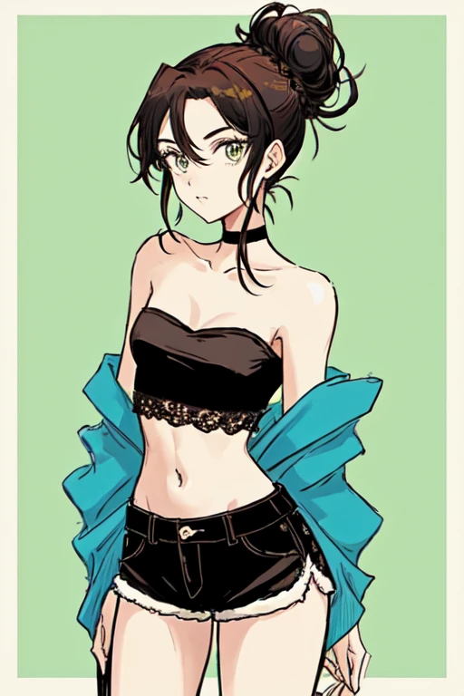 Hot girl with her hair tied up in a messy bun, arched back, two strands of hair down the front, curvy, slim, medium breasts, bold, off shoulder crop top, strapless, lacy black choker, jade hairpin, small shorts, anime style