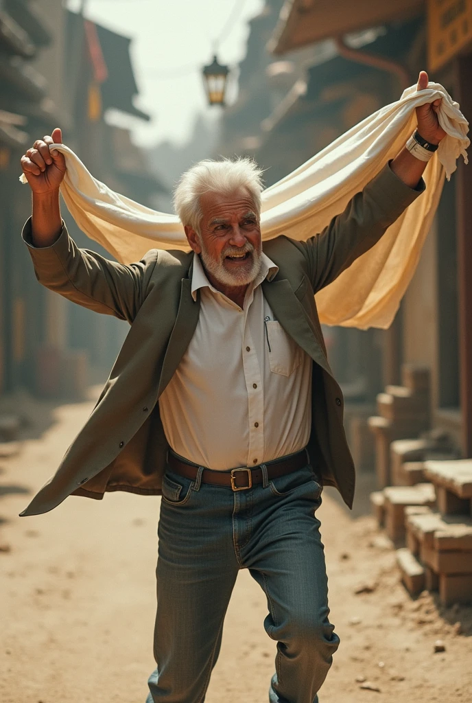 52 years man swing a clothe