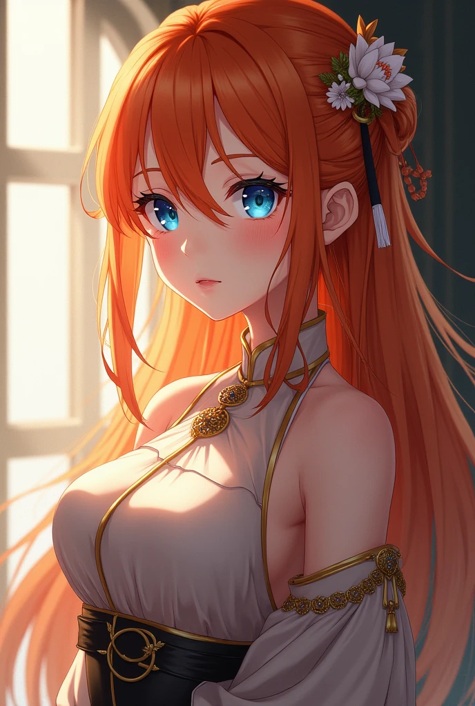 a beautiful, noble lady with orange hair, blue eyes, and discreet clothing. anime characters