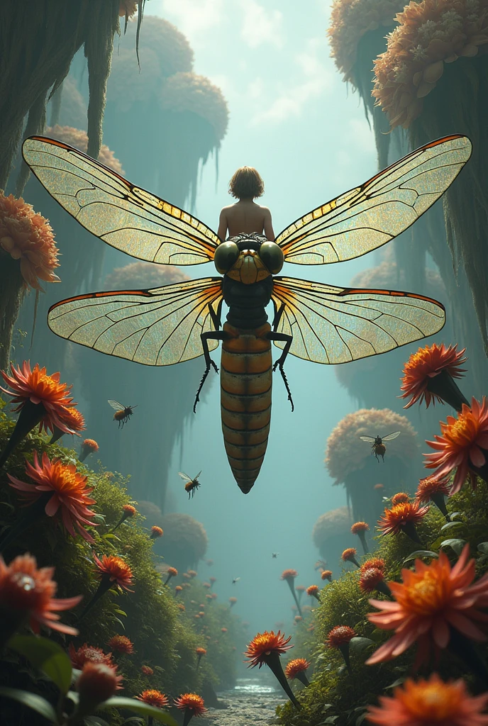 You dream of riding a large dragonfly in a garden that is completely foreign to you. Most of the plants around you look strange and odd.Several bees and other insects of giant size are also around the area.