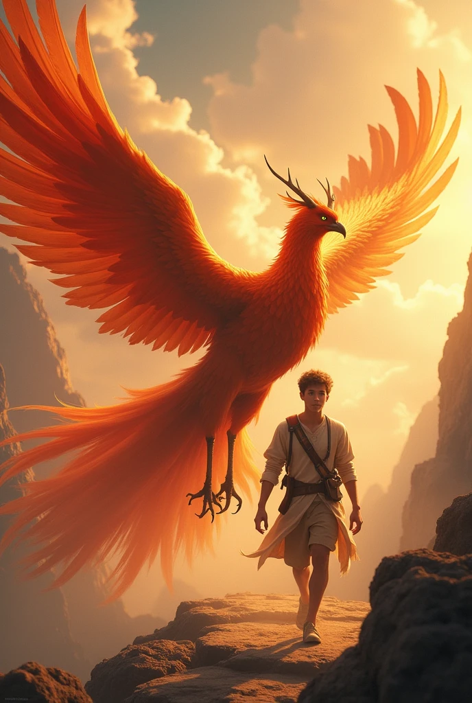 Image of a 20 year old boy guided by a Mythical creatures The Phoenix