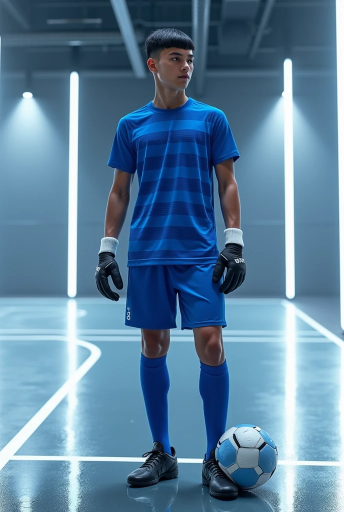 A skinny teenager, brown skin, with black hair and bowl cut. He is wearing a royal blue shirt, with wide horizontal blue stripes also blue. Your shorts are blue, His socks are blue and he wears black futsal boots. He has black goalkeeper gloves. He is on a futsal court with white neon lights. The court floor is gray