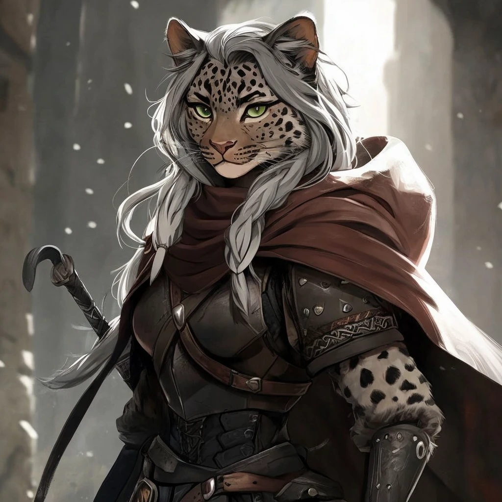 An anthropomorphic tabby white and brown she-cat with short grey hair, green-swamp eyes and armor