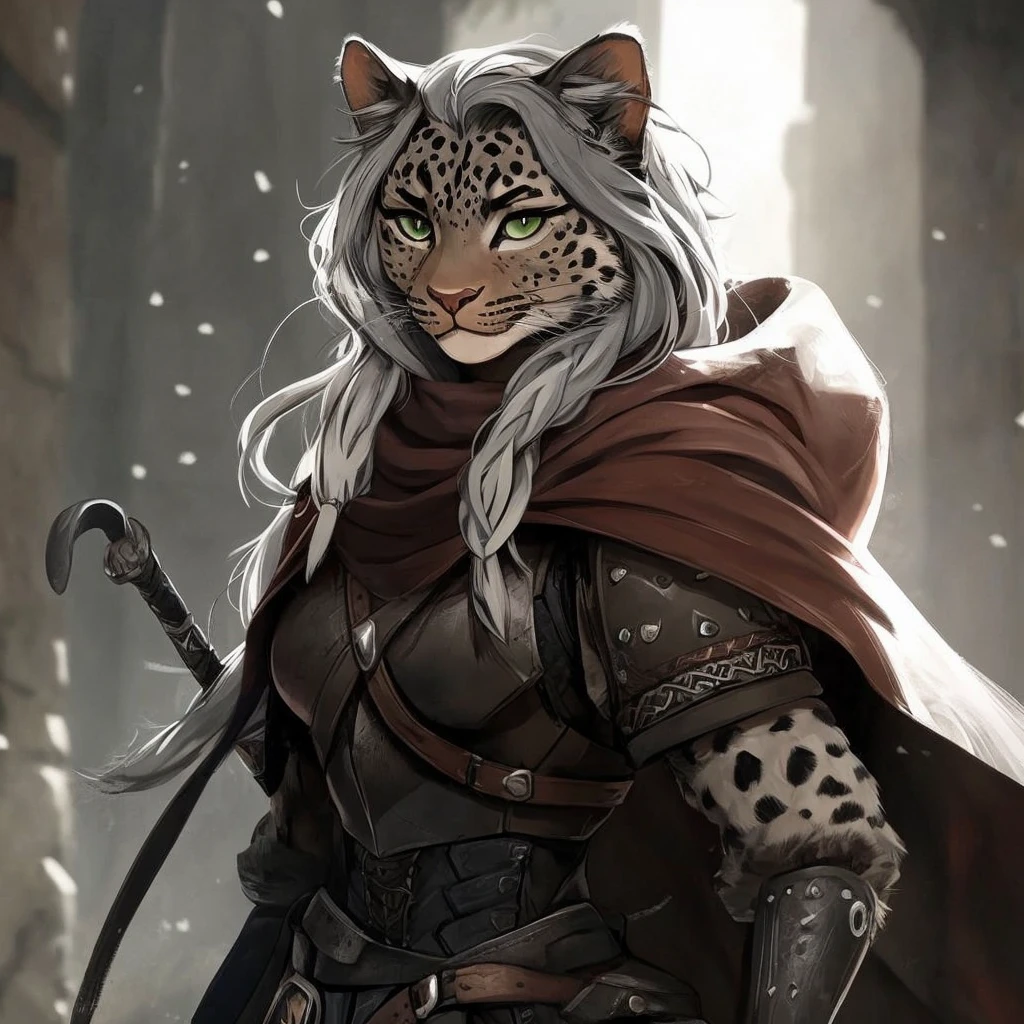 An anthropomorphic tabby white and brown she-cat with short grey hair, green-swamp eyes and armor