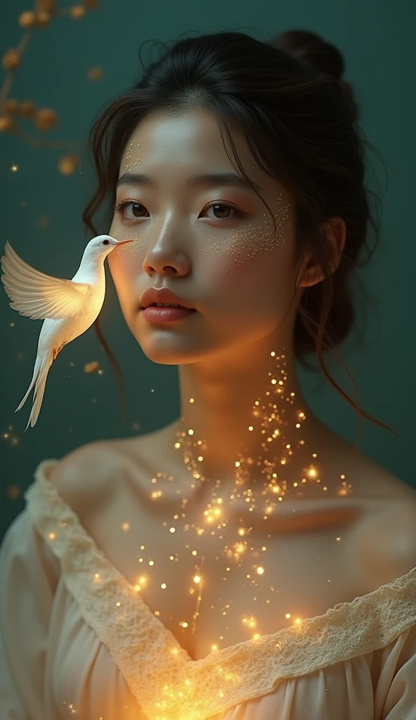 "Glimmering Echoes"
Common Prompt:
"A high-quality, detailed portrait of a (____) woman with intricate golden sparkles on her face and neck. The woman has soft, delicate facial features typical of her cultural background, with (insert hairstyle here). She is wearing an off-shoulder, light-colored blouse that shimmers subtly, reflecting the golden light. A small, ethereal white bird hovers near her face, illuminated by the same golden light, with delicate, translucent wings. The background is a soft, dark teal, which contrasts with the warm golden light that casts a gentle glow on her skin. The overall atmosphere is mystical and elegant, with a focus on the interplay of light and shadow, highlighting the woman's serene expression and the delicate details of the sparkles a