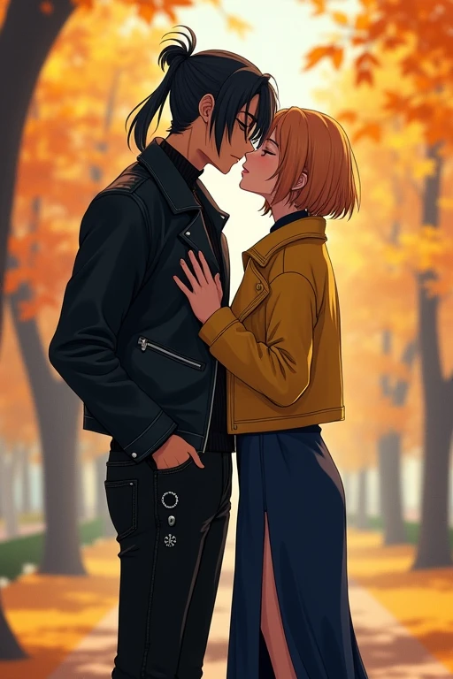 I would like to get an image of an anime-style couple consisting of an adult man with long black hair gathered in a ponytail at the back of his head, dressed in a black leather jacket, a thick-knit warm black sweater, black jeans with chains and rivets kissing a young incredibly beautiful woman with short bob-cut wheat hair, in a long dark-a blue woolen knee-length dress with a slit in the back and a yellow short coat that hugs his neck. Autumn Park. In full growth. beautiful drawing. a masterpiece.