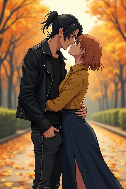 I would like to get an image of an anime-style couple consisting of an adult man with long black hair gathered in a ponytail at the back of his head, dressed in a black leather jacket, a thick-knit warm black sweater, black jeans with chains and rivets kissing a young incredibly beautiful woman with short bob-cut wheat hair, in a long dark-a blue woolen knee-length dress with a slit in the back and a yellow short coat that hugs his neck. Autumn Park. In full growth. beautiful drawing. a masterpiece.