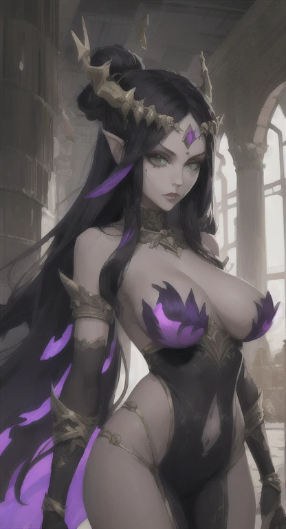 Ancient , Zephyria race, queen Irelia, dark hair, green eyes, looking at viewer, ancient armor, Palace,