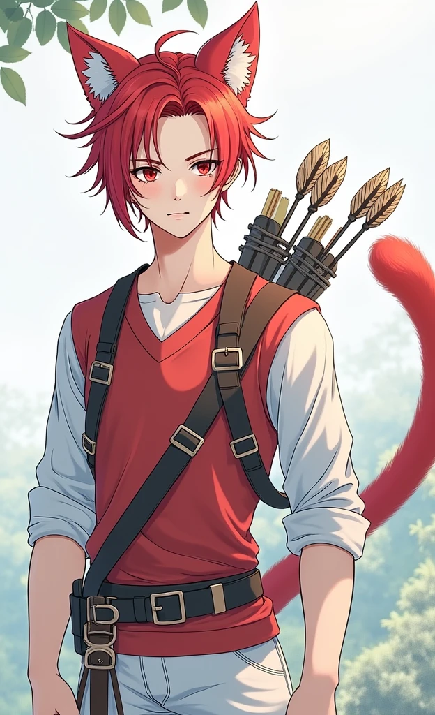 Young guy with red hair, small braid, cat red ears, Cat's Red Tail, Red hair, on his back is a bow and a quiver with arrows, Beautiful face, beautiful body, super detailed, professional quality
