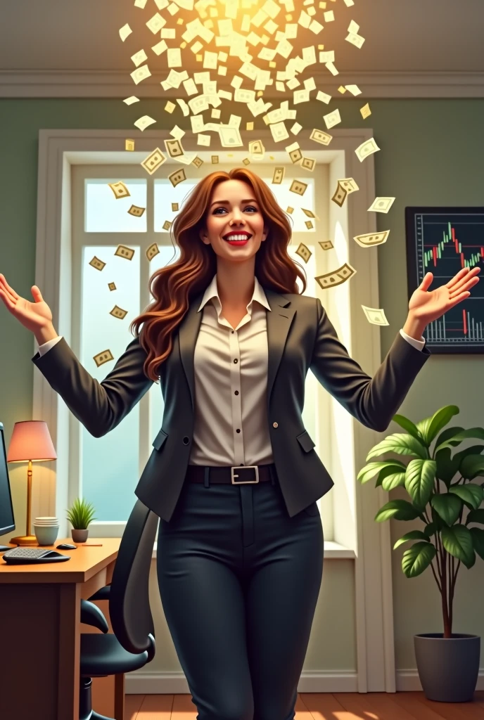 A beautiful, cute, smiling trader has a computer and a picture of a candlestick chart of stock trading on the wall. She looks up, spreads her arms, waiting to receive money, with a lot of money falling from the sky at home.