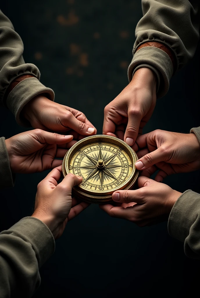 an ancient old gold compass held by four pirate hands trying to find the way to freedom with black background