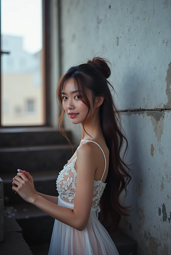 (Highest quality:1.4),(masterpiece:1.4),(Realistic:1.4),(Realistic:1.2),(超High resolution, RAW Photos:1.4),(High resolution, Very detailed:1.2),(8k:1.2),photograph,(Shot from behind:1.3)、Korean women、brown hair photos,One Woman,alone,(In underwear),Very large breasts,((Thigh to head shot:1.3))、(((topless、You can see her large breasts from the side.)))、((Toothy smile))、((Very large breasts:1.4))、Realistic skin textures、Slightly freckled、Slender figure、Realistic skin textures、((background,Concrete wall:1.3)),(topless,The breast is visible from the side:1.6),(Long lace slip,White)、3 woman、The angle at which the nipple is not visible、((Updo long hairstyle))、((Black,Long lace slip:1.4))、Correct toes、Detailed facial features、Long slip covers the buttocks and soles of the feet、Long slip covers your butt、