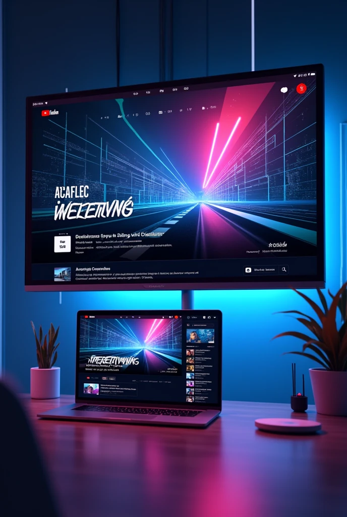 Design a modern and minimalist YouTube channel layout. Use a color scheme dominated by #00C4FF (neon blue) and #2A003E (dark purple). The design should include a sleek banner with clean lines, a simple logo, and an elegant, futuristic font. Incorporate a subtle tech-inspired background with hints of digital elements like grids or geometric shapes. The layout should feel fresh and innovative, reflecting a focus on VFX, video editing, and 3D content