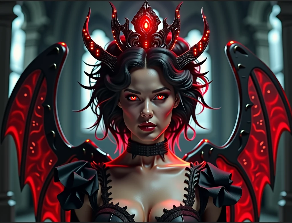 Arafed a picture of the queen of demons, in the halls of hell, a demons queen magnificent and full of awe, black hair, long hair, flowing hair, bold intense eyes, extremely exquisite beautiful queen, perfect body, (anatomically correct: 1.3), ultra feminine, ultra detailed face, black lips, fiery glowing eyes, (demonic horns from head: 1.1) , (red skin: 1.1), dynamic angle, there is (golden crown on her head: 1.1) , studded with diamonds and rubies, the hall of the queen of hell background, (masterpiece: 1.4) intense details, highly detailed, photorealistic, best quality, highres,16k, [ultra detailed], masterpiece, best quality, (extremely detailed), close up, ultra wide shot, photorealistic, RAW, fantasy art, dnd art, fantasy art, realistic art,((best quality)), ((masterpiece)), (detailed: 1.5), ral-ntrgmstn