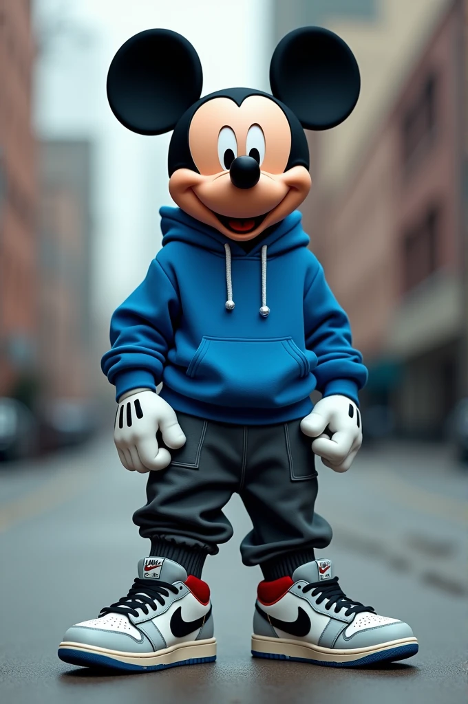 Mickey dressed with urban clothing, hoodie blue and pant gray dark, shoes Nike