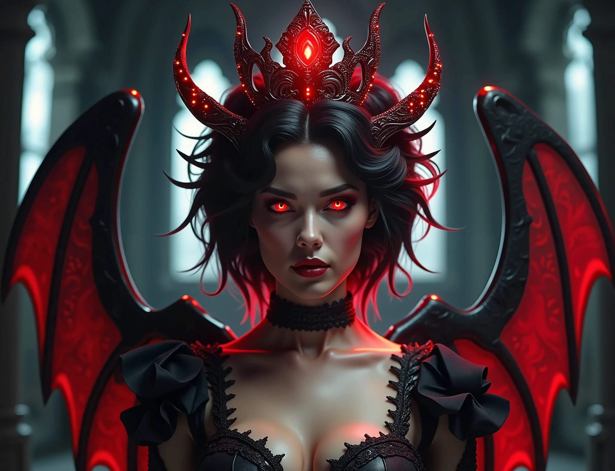 A cinematic ultra realistic photoshot of a dark fantasy portrait of a seductive succubus named Lady Venus. She has striking black hair with neon red tips and wears a crown. She has large, glowing red eyes and wears dark clothing. Her wings have a vibrant red center. The background is a dark, gothic architecture. The overall composition is illuminated by dramatic lighting. This portrait is a masterful award winning photography  