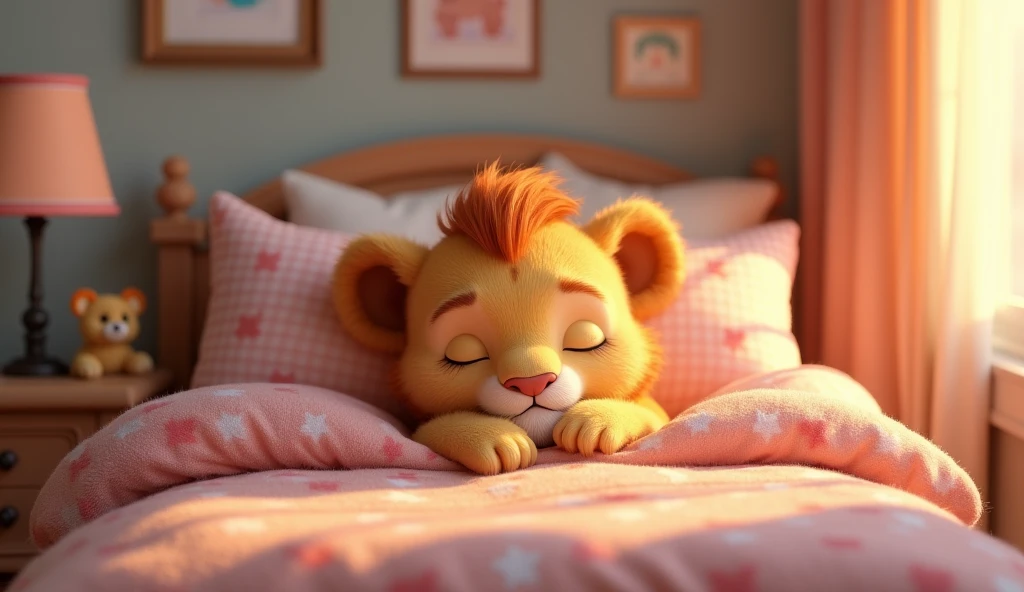 "A small lion cub is sleeping in bed; create it in a cartoon style with a 3D render."