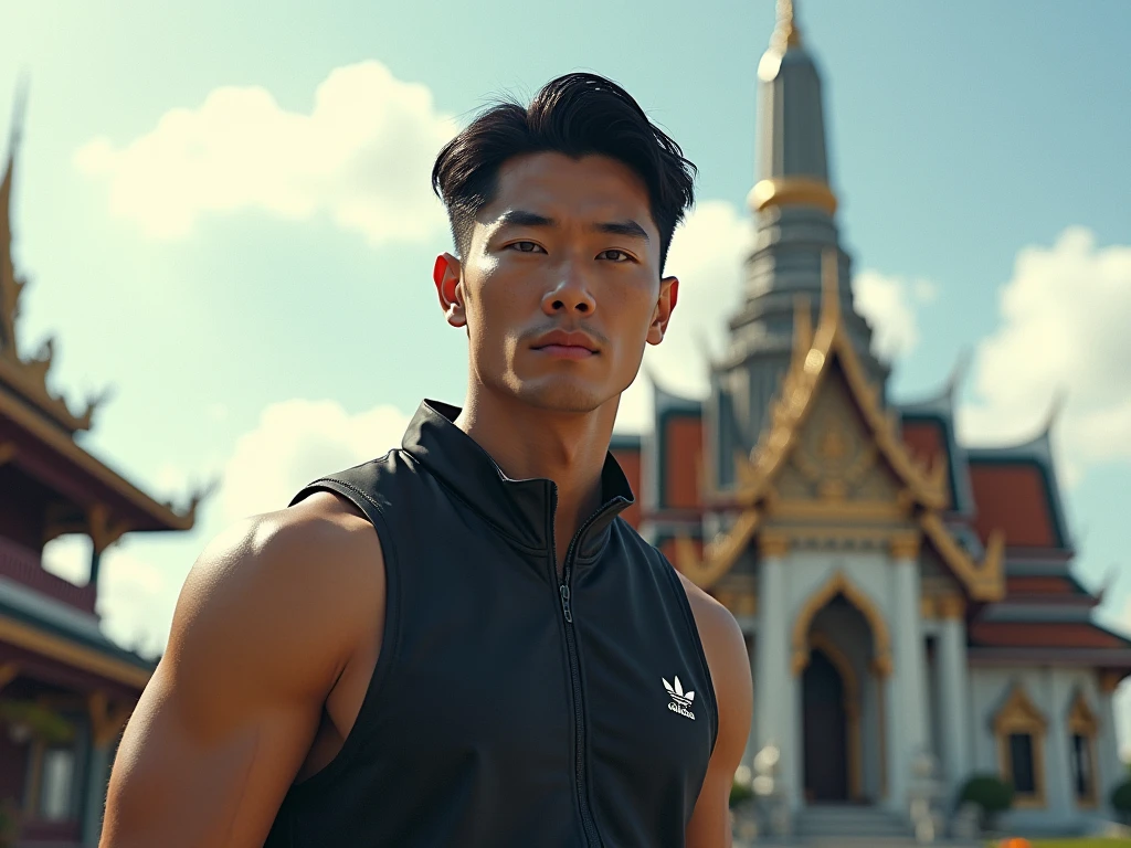 Japanese,25-30 years old , Masculine and handsome， the weather is summer，Wear sporty outfit，（Super detailed, Realistic, best quality, 4K, 8k, High resolution, masterpiece:1.3)The background is Bangkok, Thailand，with temple 
