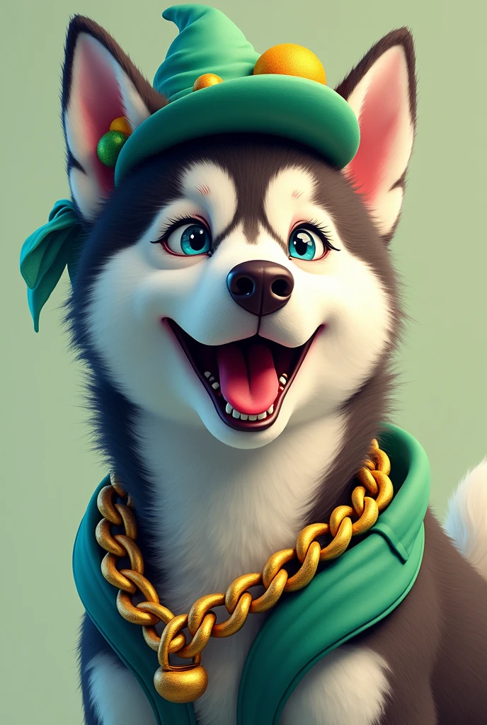 A Siberian husky wearing funky hat green color and a gold chain and making a big wide smile with wide eyes open