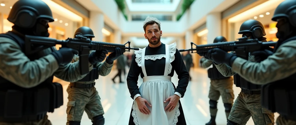 1 man dressed as a maid being pointed at by soldiers with war weapons in a shopping center