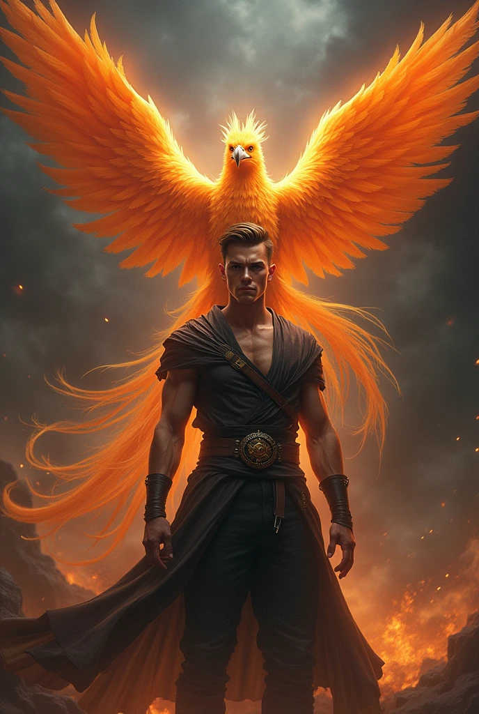 Image of a 20 year old boy guided by a Mythical creatures The Phoenix, make it look more intimidating