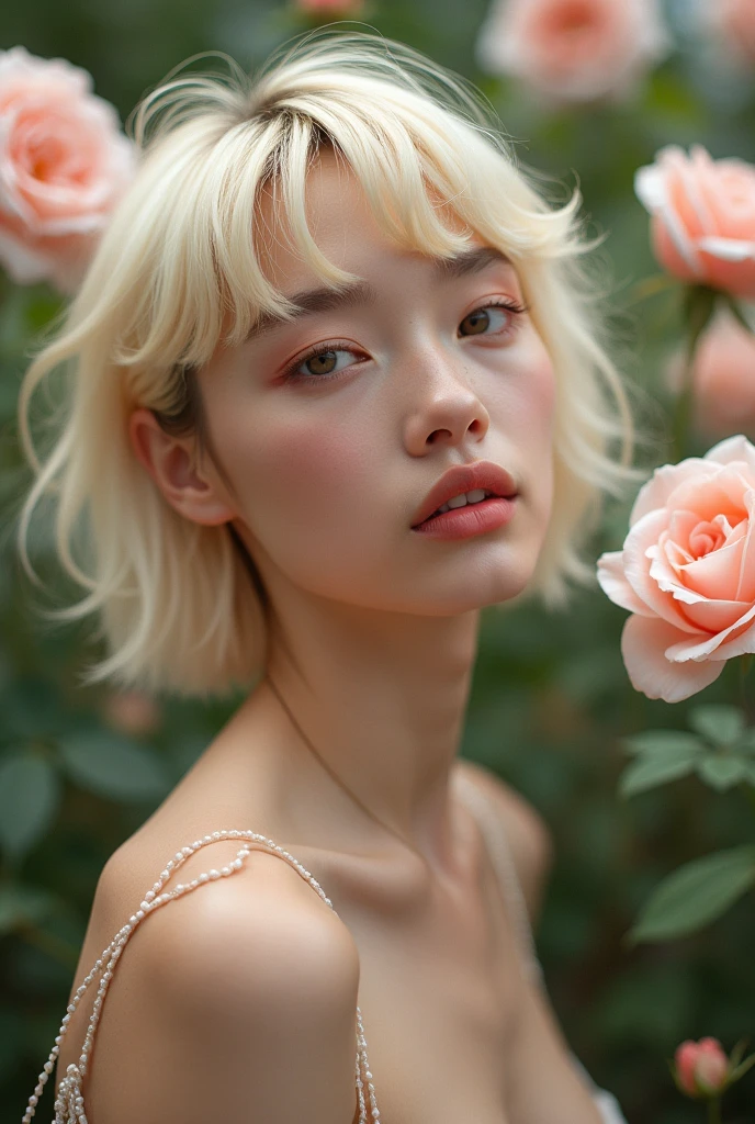 8k, RAW photo, Fujifilm, style photo of a beautiful young woman as avril in a garden of light pink roses (highly detailed skin: 1.2) Style-Petal BREAK short hair, blonde hair with colored locks, wearing strings, film granulation, 35mm, cute style