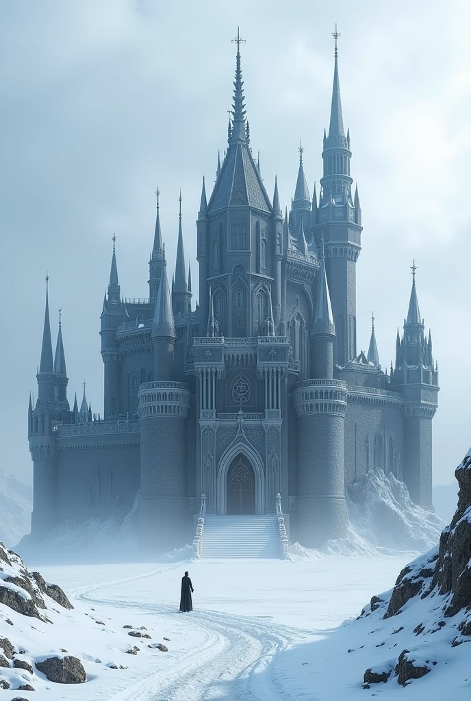 Huge black luxury castle in the middle of the snow 