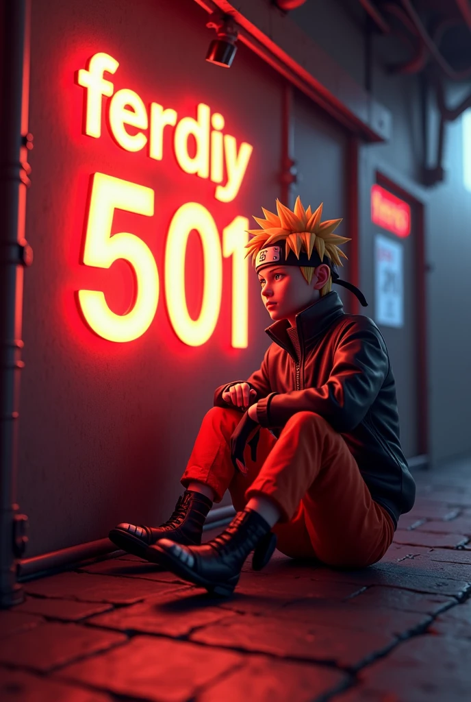 @4U$L4H: Naruto sitting beside the name text "
FERDIY TOGER 501 with orange neon lighting effects
3d text berbagi itu indah