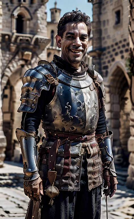 (Best Quality:1.3), Filming movies, masterpiece, (sharp focus:1.5), (natural:1.3), Full body portrait (cantinflas outside a castle, smile, proud and fierce, Wearing medieval armor, without helmet., Give the scene a bright atmosphere), day, (highly refined leather), (detailed face), detailed background, daylight, volumetric lighting, intricate details, ultra high definition, 