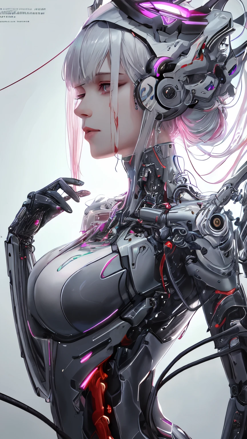 A striking portrait of a mechanical girl meticulously depicted with very realistic details, showcasing the intricate and ornamental metal components of her being. The scene is bathed in global illumination, casting deep shadows that enhance the sharpness and clarity of the octane rendering presented in stunning 8k resolution. The composition is dominated by glowing cool colors with Egyptian-inspired details woven into the design. Every aspect, from her whole machine limbs down to the blood vessels connected to tubes and the mechanical vertebrae attached to her back, exudes a mesmerizing level of detail. Her machine hair and mechanical cervix attached to the neck emit a soft, ethereal glow, while millions of wires and cables intricately connect to her head and body. This artwork is a marvel of realism, with super neon details that captivate the viewer's attention, showcasing a futuristic aesthetic that is both awe-inspiring and trend-setting on CGSociety.