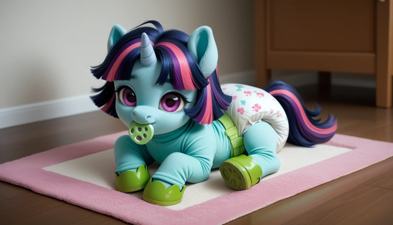 pony, Unicorn, purple wool, dark blue mane with purple streak and pink streak, the tail is dark blue with a purple strand and a pink strand, purple eyes, sitting in the room on a soft play mat, adult filly, dressed in a green bodysuit and green booties, green pacifier in mouth, solo, thick diaper under clothes.