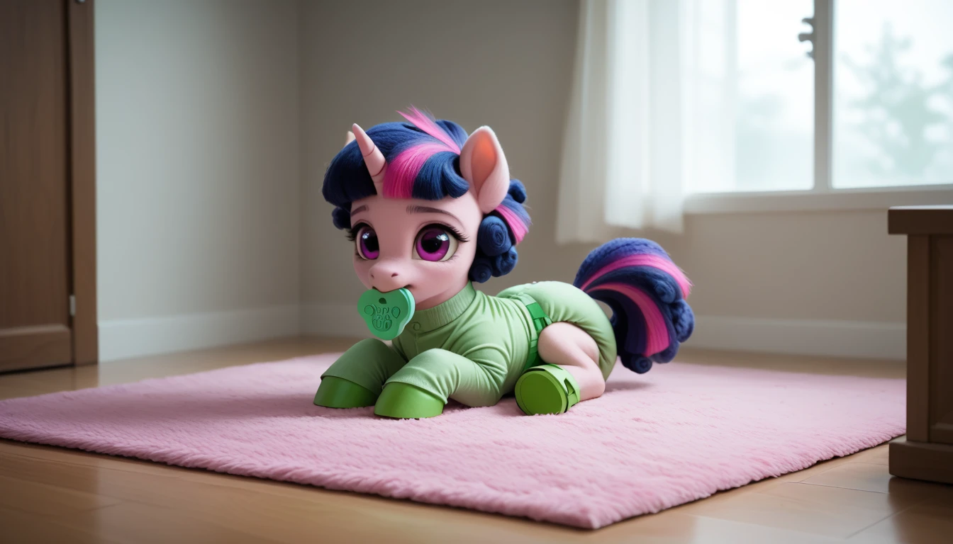 pony, Unicorn, purple wool, dark blue mane with purple streak and pink streak, the tail is dark blue with a purple strand and a pink strand, purple eyes, sitting in the room on a soft play mat, adult filly, dressed in a green bodysuit and green booties, green pacifier in mouth, solo, thick diaper under clothes.
