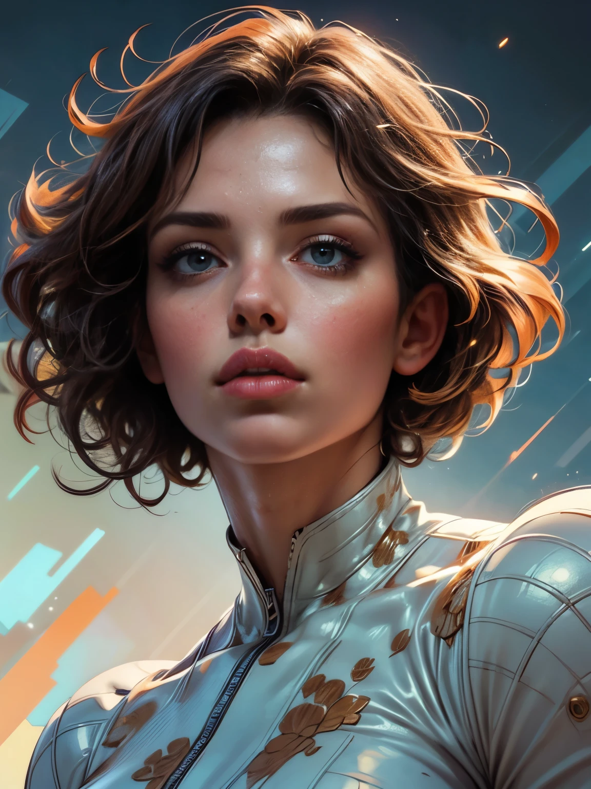 Half-body picture (Beautiful, beautiful, short hair) Sexy, Big Breasts, Muscle Building, 6 Pack Abs, Drama, Detailed Portrait (Highest quality 4k 8k High resolution Masterpiece:1.2) Superb details (Real, real, real.:1.37) Dynamic action poses, dynamic light, cinematic elements, highly detailed facial features, highly detailed eyes and face, long eyelashes, chiaroscuro lighting, dramatic shadows, striking color palette, bright colors.