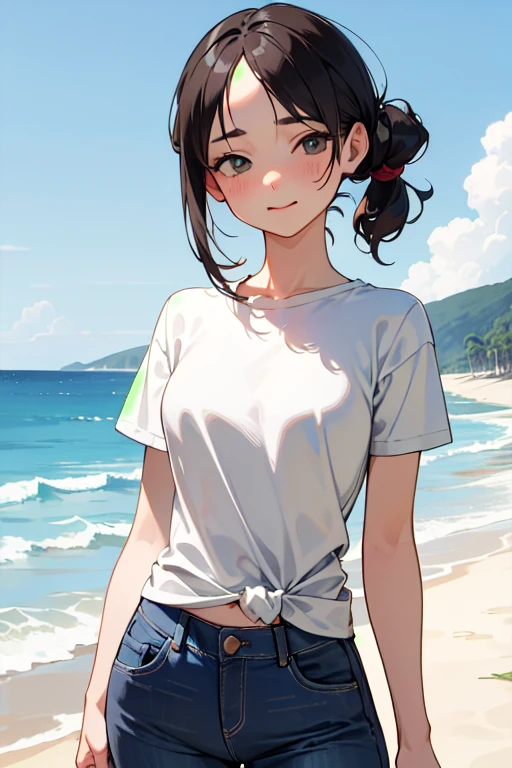 1girl, cute girl, solo, a junior student girl, short body, ((girlish fleshy body)), small breast, dynamic pose,
(tareme, down-turned eyes, short eyes:1.5), (oval face:1.4), (droopy eyes:1.3), grey-green eyes, eye highlights, blush, smile,
Forehead, flat hair, straight hair, no bangs, center parted forehead, side swept to backward, low ponytail, medium hair, black-hair,
White T-shirt, denim hot pants,
Masterpiece, best quality, 4K, HDR, realistic lighting, soft lines, from front, cowboy shot, beachside background, perfect anatomy, perfect body, perfect hand, perfect face,