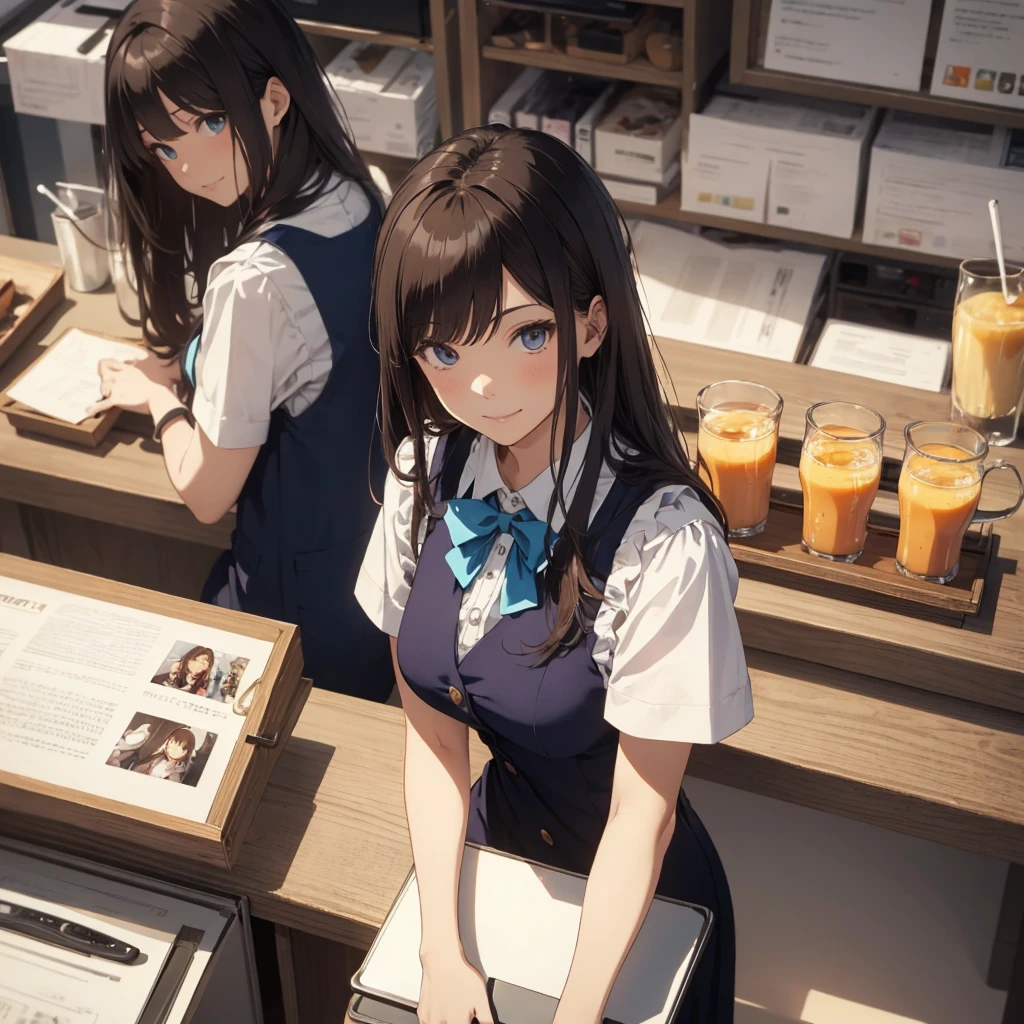 anime girl in uniform holding a tray with orange juice, ( waitress ) girl, anime moe artstyle, marin  (nsfw) safe for work, hinat anime girl in a maid costume, maid outfit, realistic schoolgirl, high detailed official artwork, wearing rr diner uniform, hyperrealistic schoolgirl, a hyperrealistic solo, sitting, (from above), office worker, ((blue vest) over white dress shirt), mature female, /(dark brown hair/), kind smile, (masterpiece best quality:1.2) delicate illustration ultra-detailed, large breasts,bowtie BREAK (modern office) indoors, (reception desk), entrance, detailed background