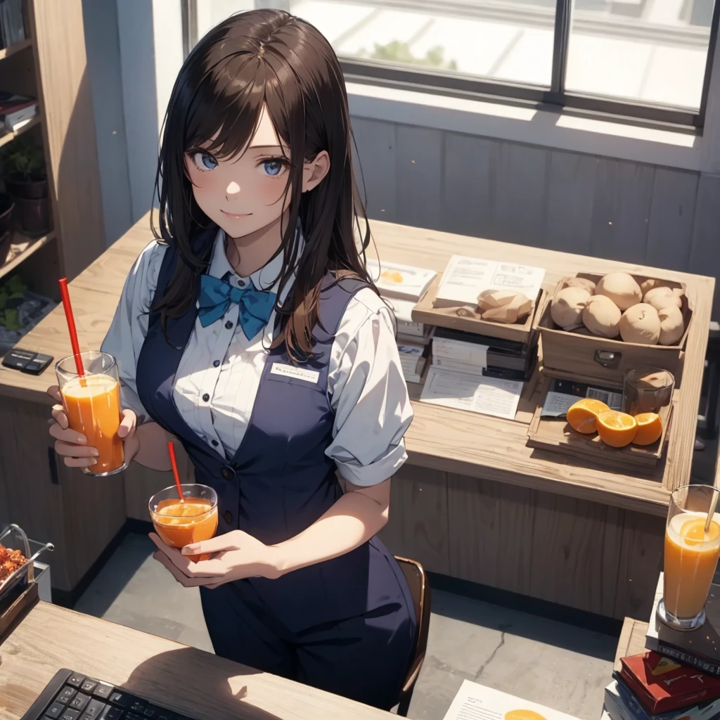 anime girl in uniform holding a tray with orange juice, ( waitress ) girl, anime moe artstyle, marin (nsfw) safe for work, hinat anime girl in a maid costume, maid outfit, realistic schoolgirl, high detailed official artwork, wearing rr diner uniform, hyperrealistic schoolgirl, a hyperrealistic solo, sitting, (from above), office worker, ((blue vest) over white dress shirt), mature female, /(dark brown hair/), kind smile, (masterpiece best quality:1.2) delicate illustration ultra-detailed, large breasts,bowtie BREAK (modern office) indoors, (reception desk), entrance, detailed background