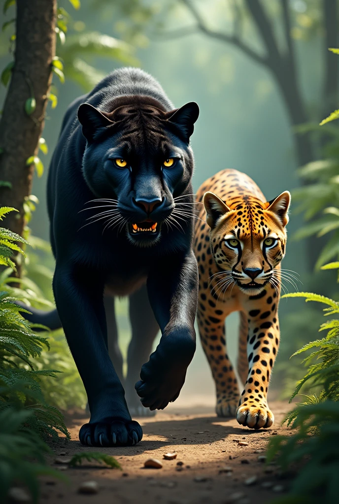 Black Panther and Cheetah: Black Panther prowling through the jungle with a sleek, powerful cheetah by his side, both prepared for an imminent threat.