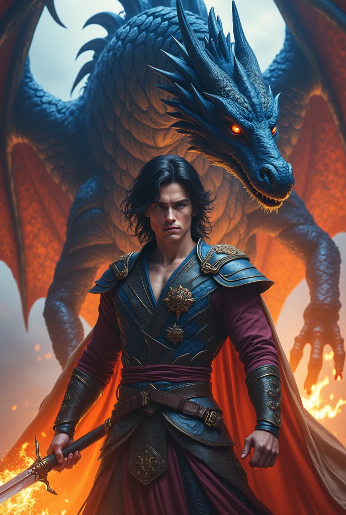 A white-skinned prince, Medium length black hair with red tips. Blue eyes, pink lips and a black and blue fire Dragon behind him. He will have a warrior outfit and on the chest of his outfit there will be the logo of a dragon head and a wing. U.S. citizenship 