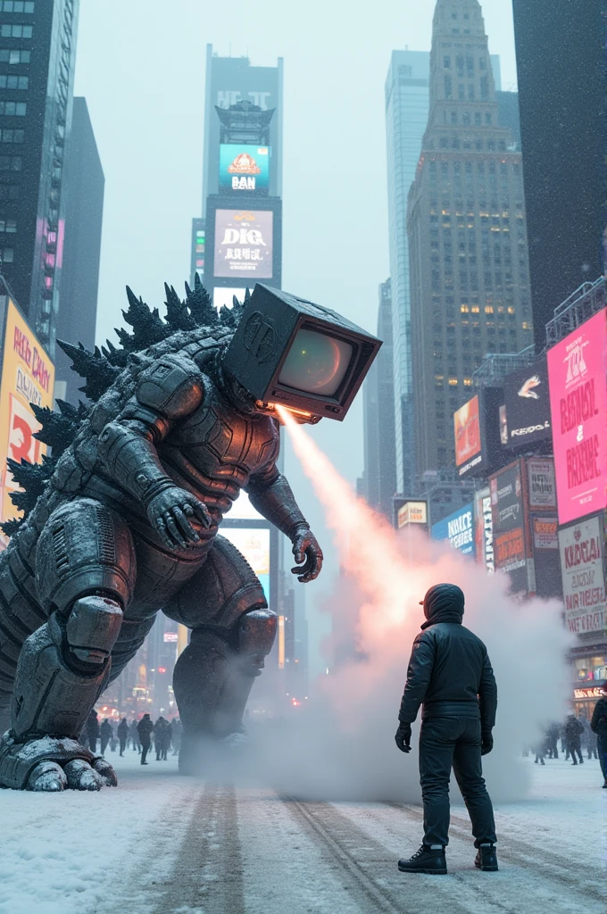 MechaGodzilla shooting beam from his mouth at titan tv man in snow in time square