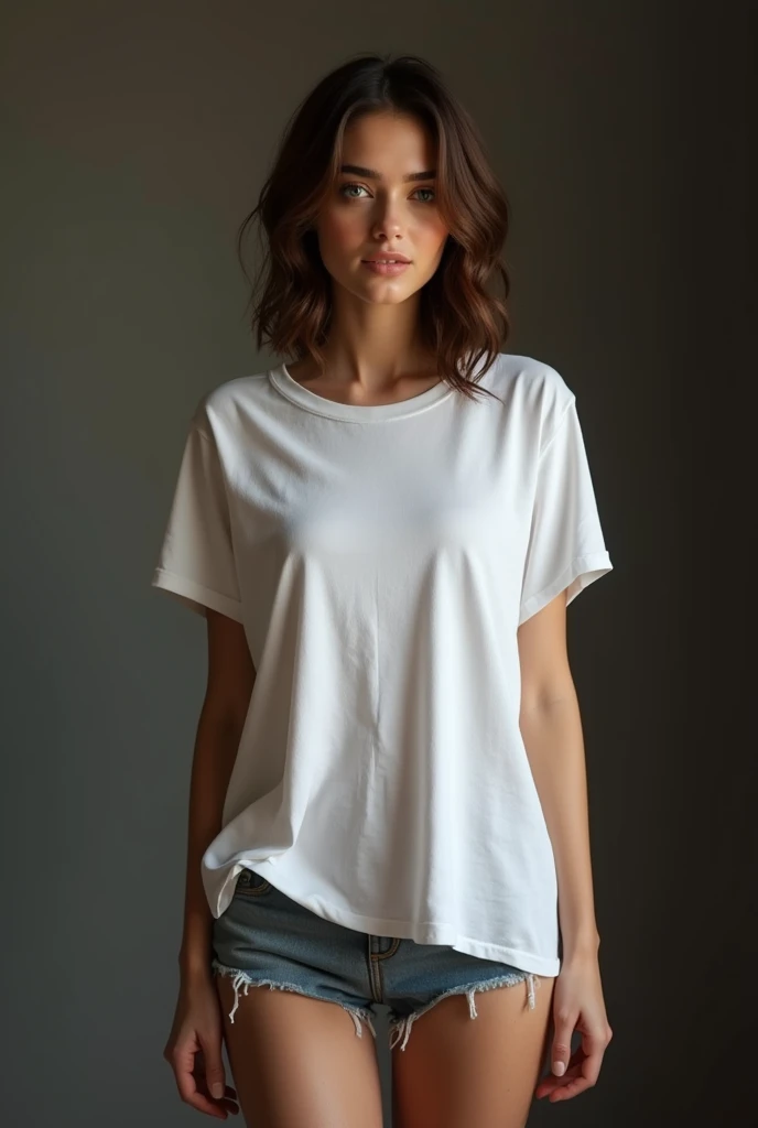 (photorealism: 1.2) I want a young woman of 20 years old, dark blue eyes, round and beautiful 1.2 breasts, who has a very beautiful defined face, who has Turkish features, brown hair, 1.74, long legs, thin and athletic and slender build, who is standing in a provocative pose, wearing a white XL t-shirt, without pants (4k), (high resolution) (HD image)