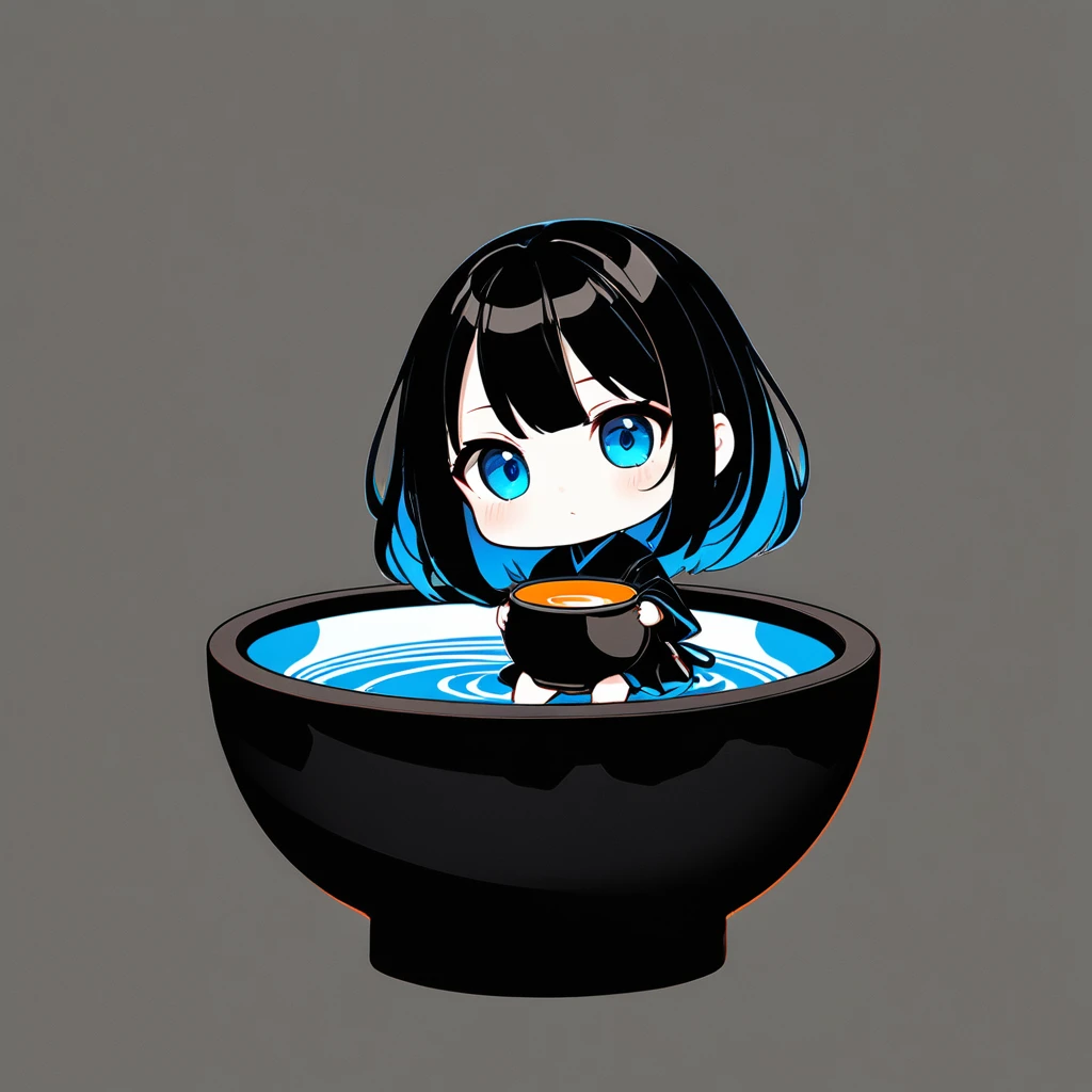 ultra-small deformation, Chibi Cute, 1girl, solo, full body, She is sitting on a large potter's wheel, holding a ceramic bowl, whirlpool eyes, High contrast and vivid color, simple background