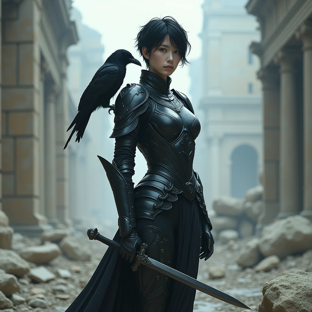A Pale Young Women Standing 6 Feet Tall, Stunningly Beautiful Like a White Goddess, Clad in Raven Black Armor, Full Body Armor, a black raven Sitting on her Shoulder, She has Short Hairs, Raven Hair, Shiny Hair, Messy Hair, Anatomically Correct, Masterpiece, High Resolution, Accurate, Best Quality, Detail, Quality, Super Detailed, Standing on a ruined city in a fighting position holding her a black dagger