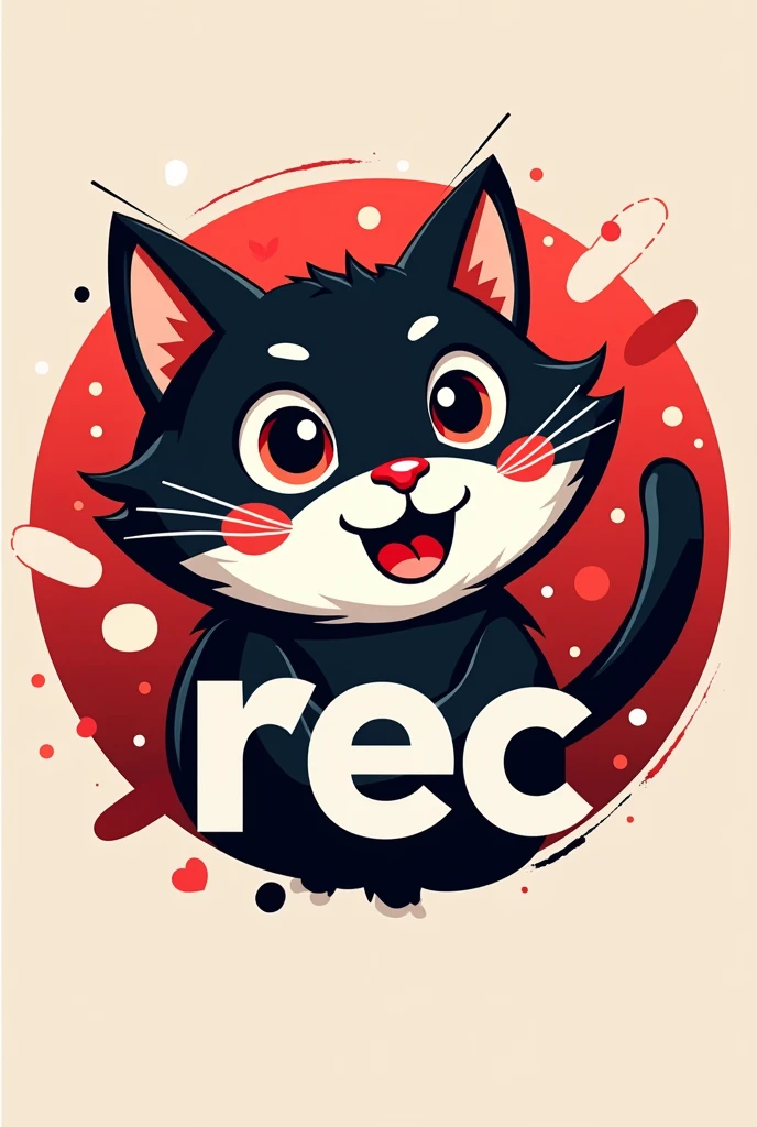 xpression. The cat should embody the essence of communication and connectivity, reflecting a youthful, dynamic spirit. The predominant colors should be red and black, giving the logo a bold and striking appearance. The word 'REC' should be included prominently in the design. The entire logo should be presented in a circular format, incorporating elements related to social communication, such as a microphone, chat bubbles, or a camera, to enhance the theme of connectivity and media."

