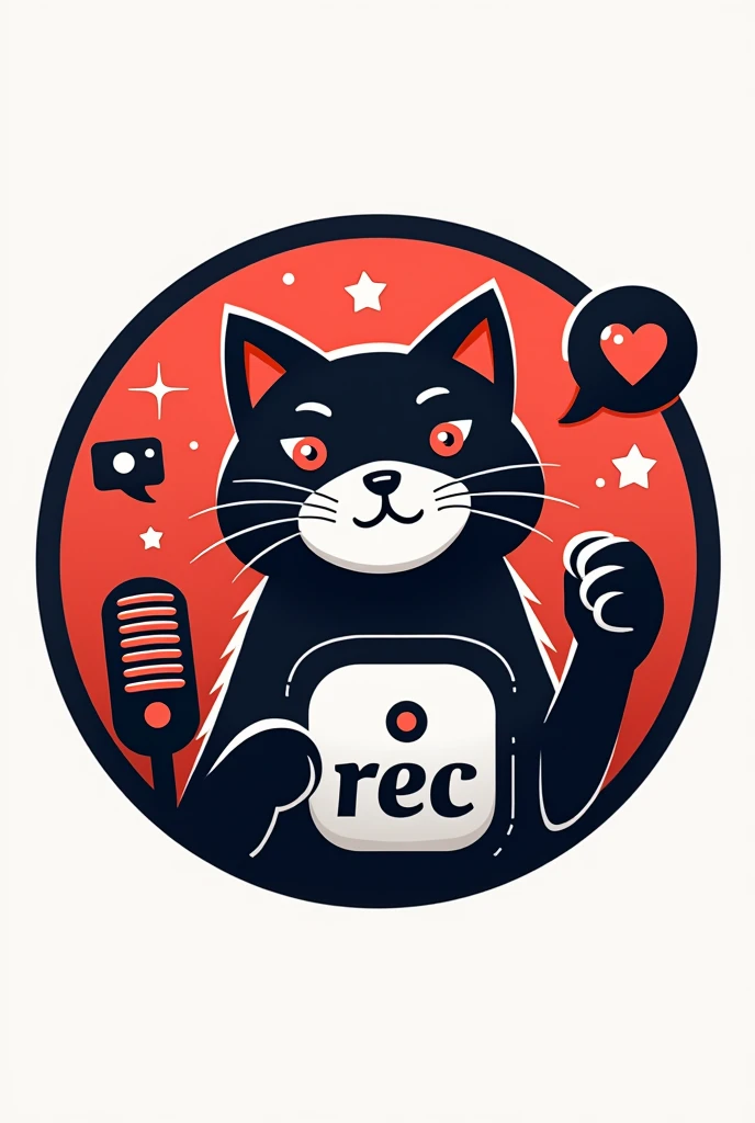 xpression. The cat should embody the essence of communication and connectivity, reflecting a youthful, dynamic spirit. The predominant colors should be red and black, giving the logo a bold and striking appearance. The word 'REC' should be included prominently in the design. The entire logo should be presented in a circular format, incorporating elements related to social communication, such as a microphone, chat bubbles, or a camera, to enhance the theme of connectivity and media."