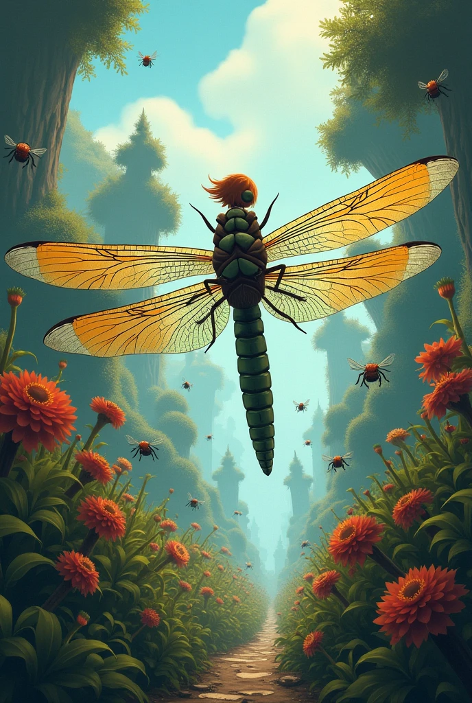 You dream of riding a large dragonfly in a garden that is completely foreign to you. Most of the plants around you look strange and odd.Several bees and other insects of giant size are also around the area. A painting that is easier and easier to color
